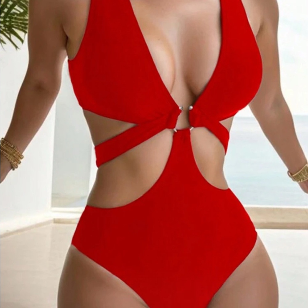 Red Cut-Out Women Swim One Piece